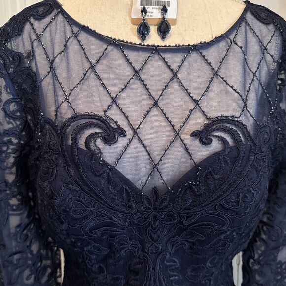 Women's  Blue Dress With See Through Top Area Beaded Zip Up With Button Accent - Picture 2 of 6